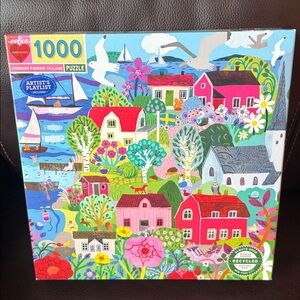 Eeboo Swedish Fishing Village Jigsaw Puzzle. 1000 pieces complete. Has poster